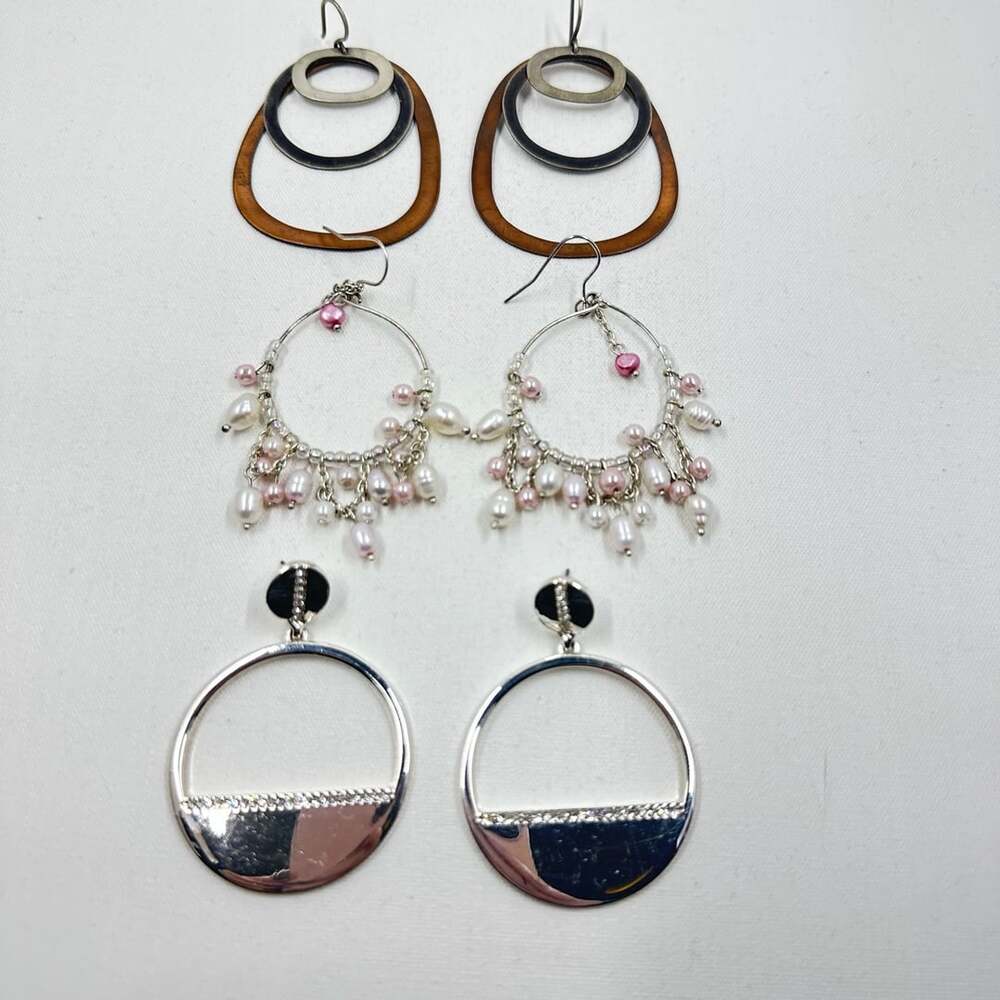 Assorted Earrings Lot of Three Pairs Silver Tone Dangle Beaded Chandelier Hoop